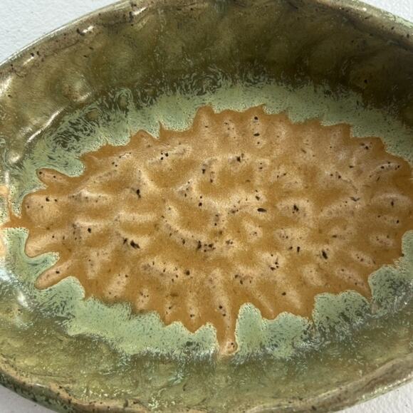 Pottery Art Green Brown Au Gratin Dish Oval Serving Stoneware Hand Made & Signed - Picture 3 of 12